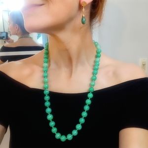 Vintage Czech Glass Long Jade Hand-Knotted Beaded Necklace